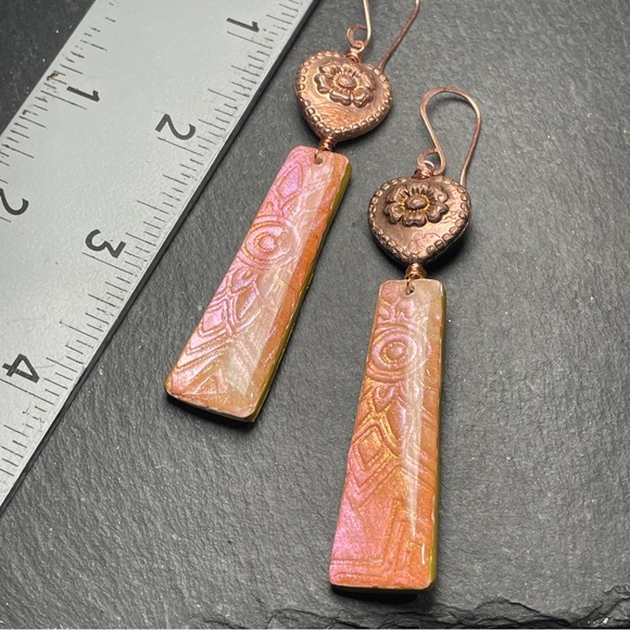 Hand Crafted Copper and Pink Dangle Embossed Resin Heart Earrings - Picture 12 of 13